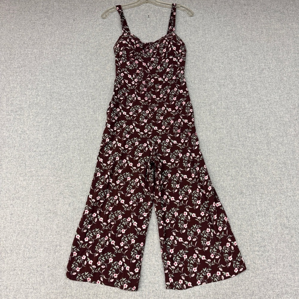AUW Floral Jumpsuit Small Burgundy Pink White Wide Leg Back Cutout Sleeveless S